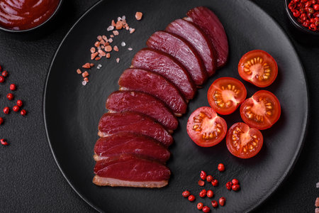 Delicious duck fillet smoked or grilled with spices and salt on a dark concrete backgroundの写真素材