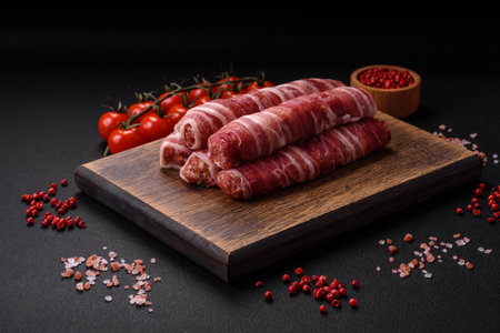 Raw minced meat wrapped in bacon with salt and spices or cevapcici on a dark concrete background