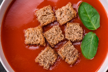 Delicious fresh gazpacho with breadcrumbs, salt and spices in a ceramic plate on a dark concrete backgroundの写真素材