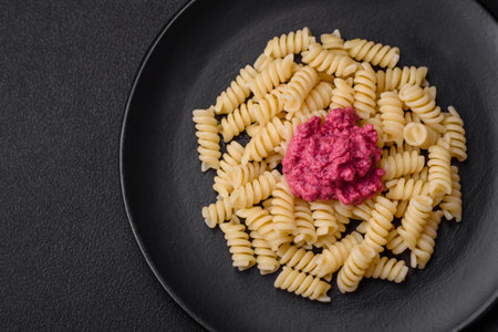 Delicious fusilli pasta with beetroot pesto, parmesan, salt and spices on a dark concrete backgroundの写真素材
