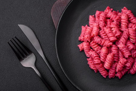 Delicious fusilli pasta with beetroot pesto, parmesan, salt and spices on a dark concrete background