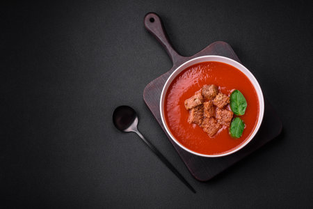 Delicious fresh gazpacho with breadcrumbs, salt and spices in a ceramic plate on a dark concrete backgroundの写真素材