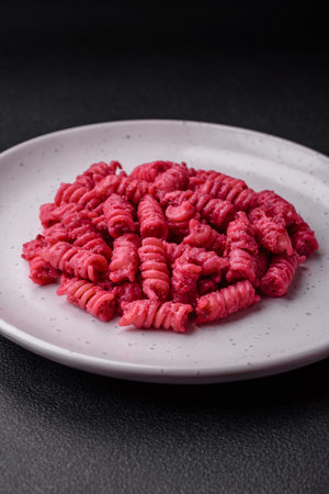 Delicious fusilli pasta with beetroot pesto, parmesan, salt and spices on a dark concrete backgroundの写真素材