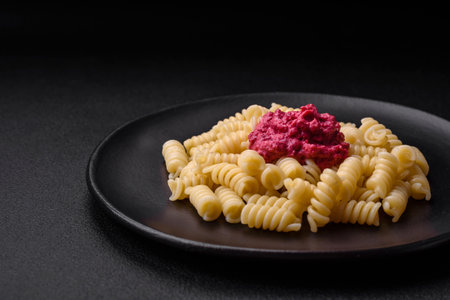 Delicious fusilli pasta with beetroot pesto, parmesan, salt and spices on a dark concrete backgroundの写真素材