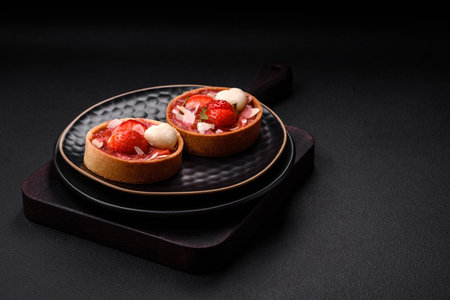 Delicious fresh sweet tartlets with strawberries and coconut flakes on a dark concrete backgroundの写真素材