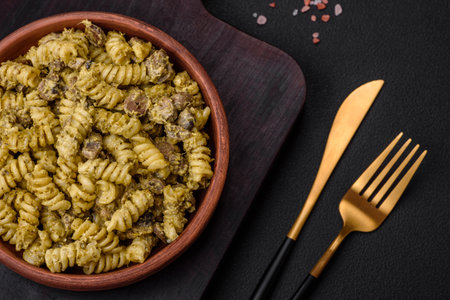 Delicious fusilli pasta with green pesto sauce, with salt and spices on a ceramic plate on a dark concrete backgroundの写真素材