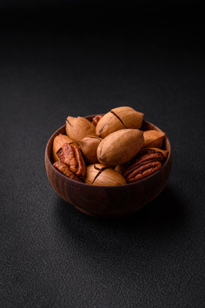 Pecan nuts in shell and peeled in a wooden round bowl on a dark concrete backgroundの写真素材