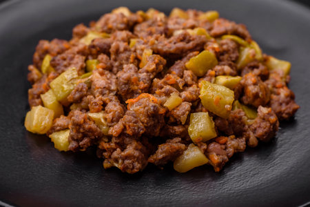Tasty dish consisting of zucchini, beef meat, mushrooms, onions and garlic with salt and spices on a dark concrete backgroundの写真素材