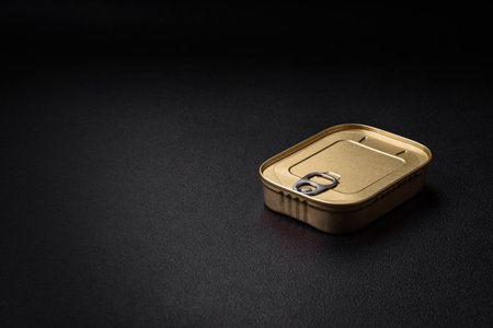 Tin or aluminum rectangular can of canned food with a key on a dark concrete backgroundの写真素材