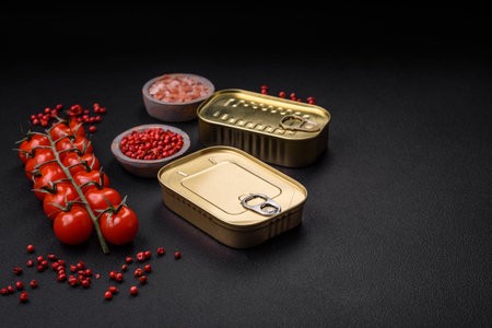 Tin or aluminum rectangular can of canned food with a key on a dark concrete backgroundの写真素材