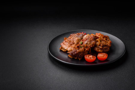 Delicious fried chicken in sauce with onions, salt, spices and herbs on a dark concrete backgroundの写真素材