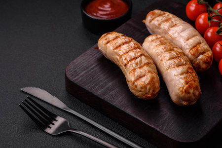 Delicious grilled sausages from chicken or pork meat with salt, spices and herbs on a textured concrete backgroundの写真素材