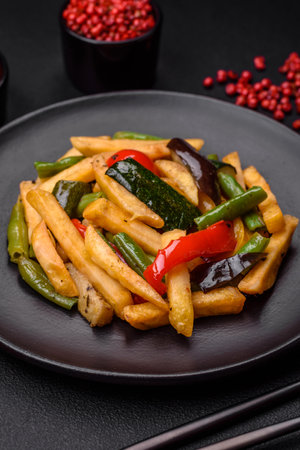 Delicious fried potatoes with bell peppers, asparagus beans, salt and spices in a plate on a dark concrete backgroundの写真素材