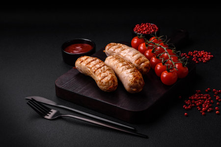 Delicious grilled sausages from chicken or pork meat with salt, spices and herbs on a textured concrete backgroundの写真素材