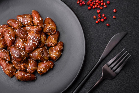 Chicken hearts fried in soy sauce with salt and spices in a plate on a textured concrete backgroundの写真素材