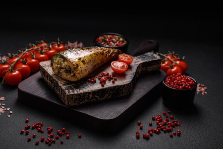 Delicious grilled mackerel with salt, spices and herbs on a textured concrete backgroundの写真素材