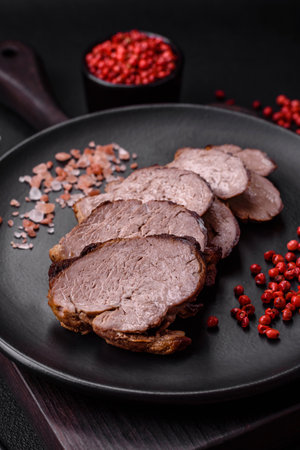 Delicious beef steak with salt, spices and herbs on a ceramic plate on a dark concrete backgroundの写真素材