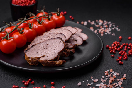 Delicious beef steak with salt, spices and herbs on a ceramic plate on a dark concrete backgroundの写真素材