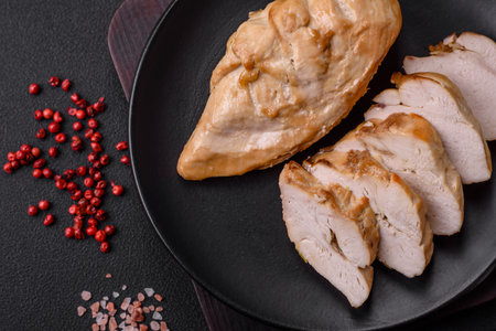 Delicious fresh grilled chicken fillet with salt, spices and herbs on a ceramic plate on a dark concrete backgroundの写真素材