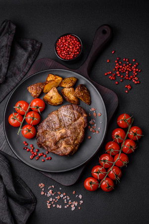 Delicious juicy pork or beef steak grilled with salt, spices and herbs on a textured concrete backgroundの写真素材