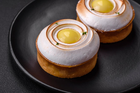 Delicious tart with citrus filling and walnut cream on a textured concrete background