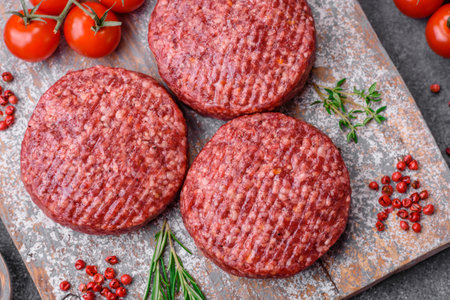 Fresh raw ground beef burger patty with salt and spices on textured concrete backgroundの写真素材