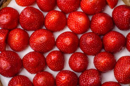 Delicious sweet cake or cheesecake with mascarpone cheese and strawberries on a dark concrete backgroundの写真素材