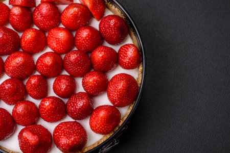 Delicious sweet cake or cheesecake with mascarpone cheese and strawberries on a dark concrete backgroundの写真素材