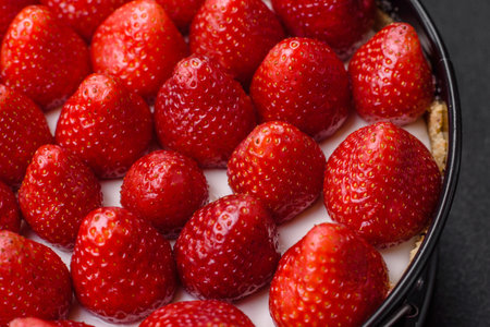 Delicious sweet cake or cheesecake with mascarpone cheese and strawberries on a dark concrete backgroundの写真素材