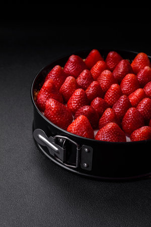 Delicious sweet cake or cheesecake with mascarpone cheese and strawberries on a dark concrete...