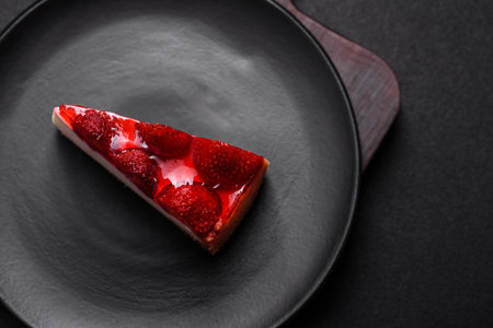 Delicious fresh cheesecake with strawberries, syrup and mascarpone cheese on a textured concrete...