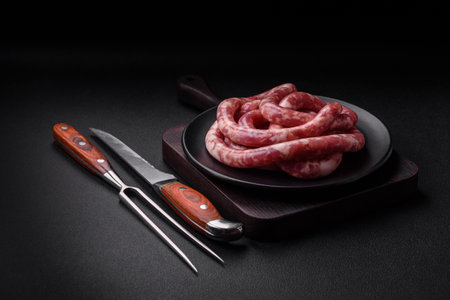 Raw sausages from pork or beef with salt, spices and herbs on a dark concrete backgroundの写真素材