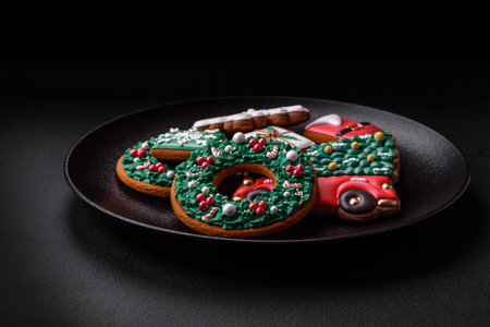 Delicious fresh colorful Christmas or New Year gingerbread cookies on a ceramic plate on a dark concrete backgroundの写真素材