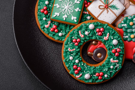 Delicious fresh colorful Christmas or New Year gingerbread cookies on a ceramic plate on a dark...