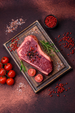 Fresh juicy raw new york beef steak with salt, spices and herbs on dark concrete backgroundの写真素材