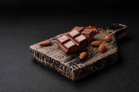 Delicious sweet milk chocolate broken into cubes on a wooden cutting board on a dark concrete backgroundの写真素材