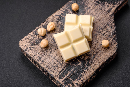 Delicious sweet white chocolate broken into cubes on a wooden cutting board on a dark concrete backgroundの写真素材