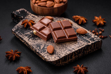 Delicious sweet milk chocolate broken into cubes on a wooden cutting board on a dark concrete backgroundの写真素材