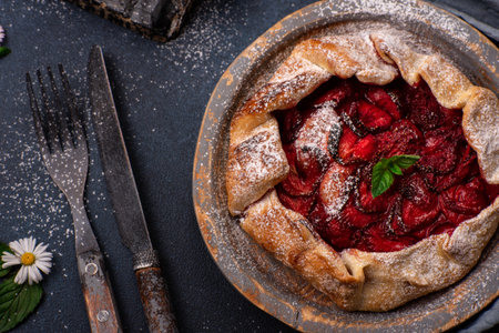 Delicious fresh sweet homemade rustic style strawberry tart with wild flowers on dark textured backgroundの写真素材