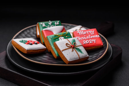 Delicious fresh sweet Christmas gingerbread with festive ornaments on a ceramic plate on a dark...
