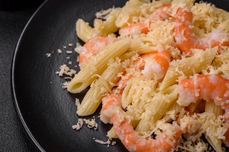 Delicious fresh penna pasta with shrimp, sauce, cheese, salt and spices on a dark concrete backgroundの写真素材