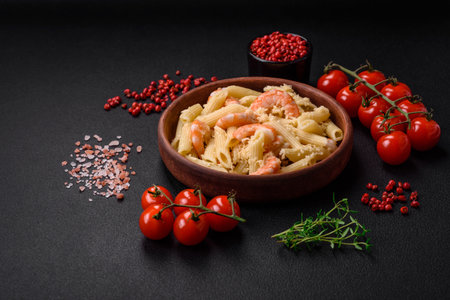 Delicious fresh penna pasta with shrimp, sauce, cheese, salt and spices on a dark concrete backgroundの写真素材
