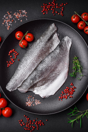 Raw sea bass fish fillet with salt, spices and herbs on a ceramic plate prepared for bakingの写真素材