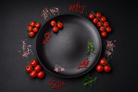Ingredients for cooking cherry tomatoes, salt, spices and herbs on a dark concrete backgroundの写真素材