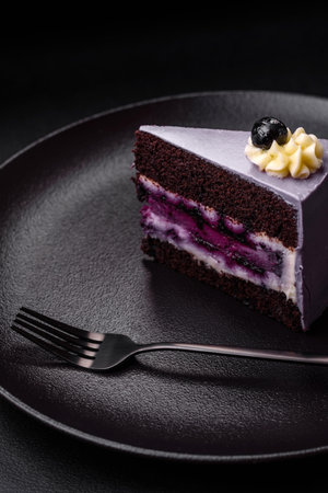 Delicious fresh blueberry or black currant cake with cream cheese on a dark concrete backgroundの写真素材