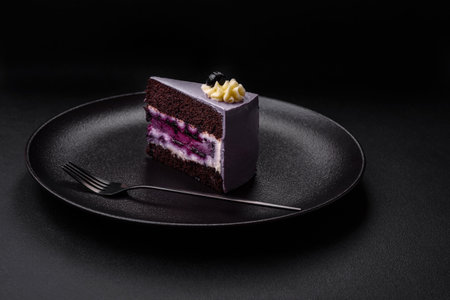 Delicious fresh blueberry or black currant cake with cream cheese on a dark concrete background