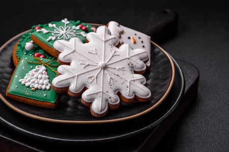 Beautiful Christmas or New Year colorful homemade gingerbread cookies on a ceramic plate on a dark concrete backgroundの写真素材
