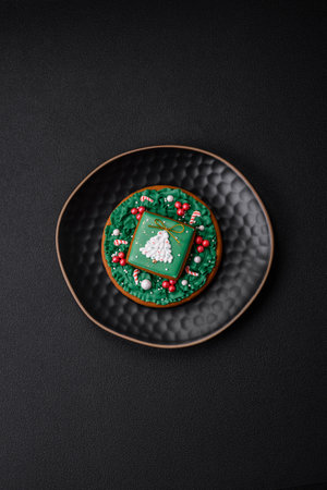 Beautiful Christmas or New Year colorful homemade gingerbread cookies on a ceramic plate on a dark concrete backgroundの写真素材