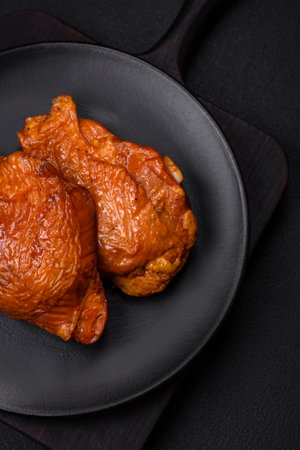 Delicious fried or smoked chicken thighs grilled with spices and herbs on a dark concrete backgroundの写真素材