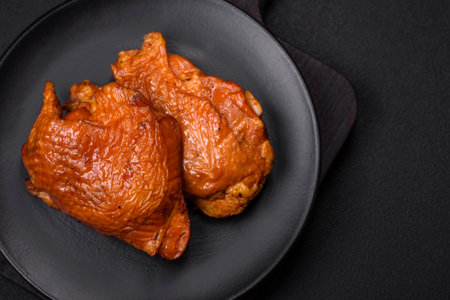 Delicious fried or smoked chicken thighs grilled with spices and herbs on a dark concrete backgroundの写真素材